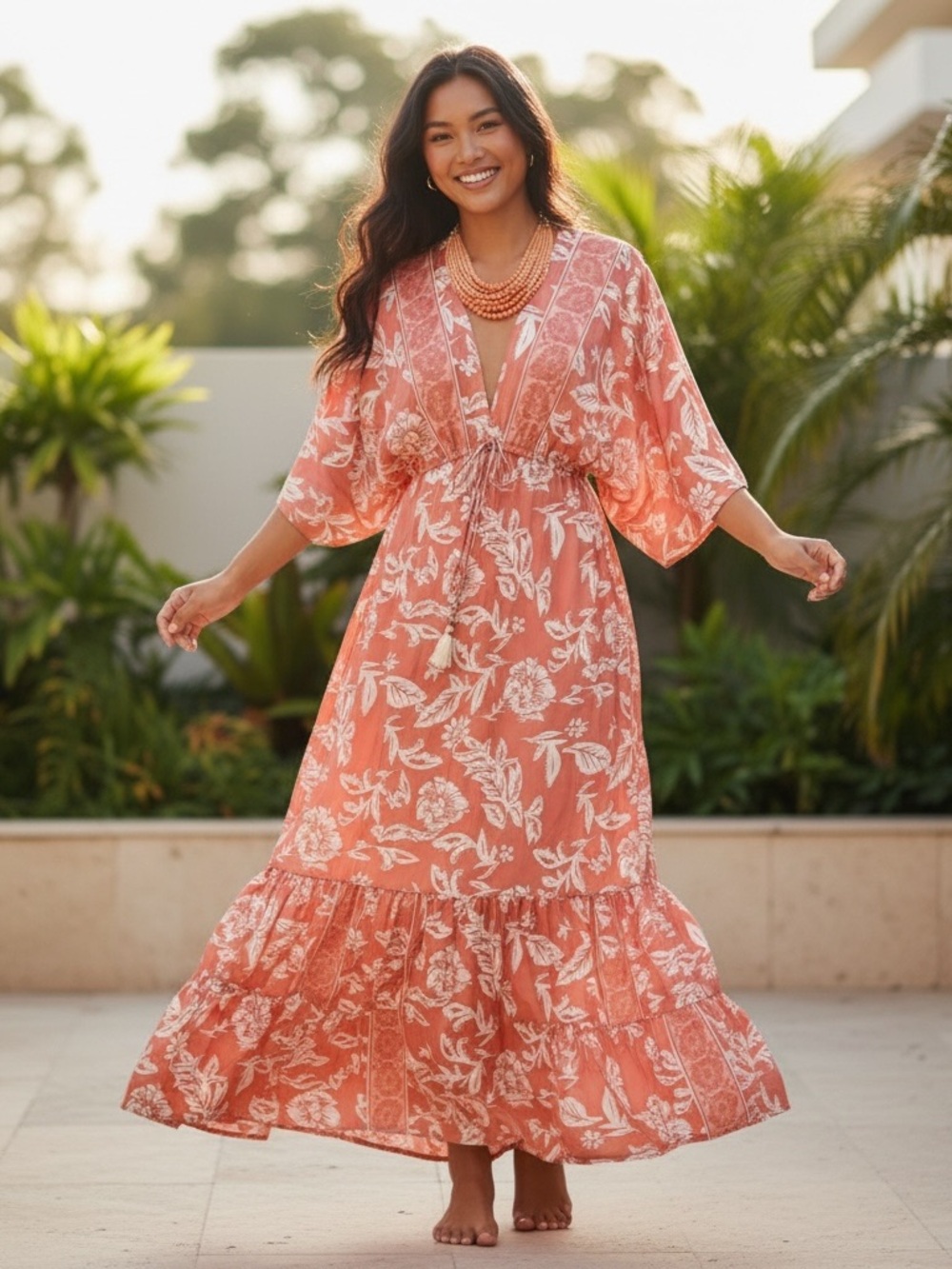 NWT Zury Silk Coral Floral Maxi Dress with Deep V-Neckline and Tassel Tie